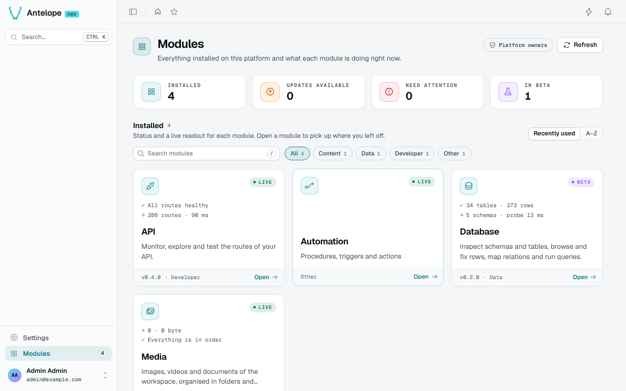 Modules page of the dashboard served by template-dms-adonis, listing the API, Automation, Database and Media modules