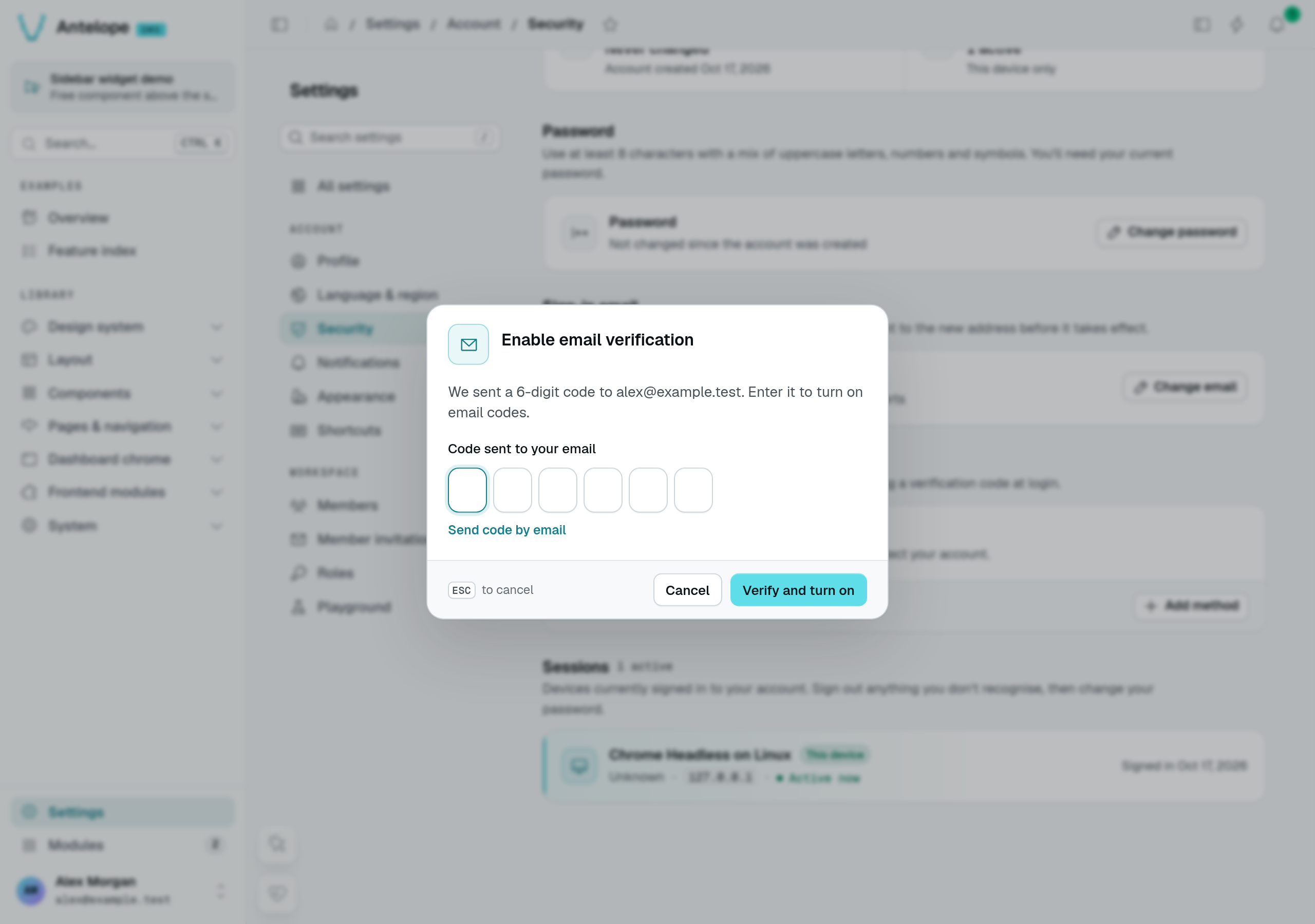 Email verification enrollment waiting for a code, with all six code cells empty
