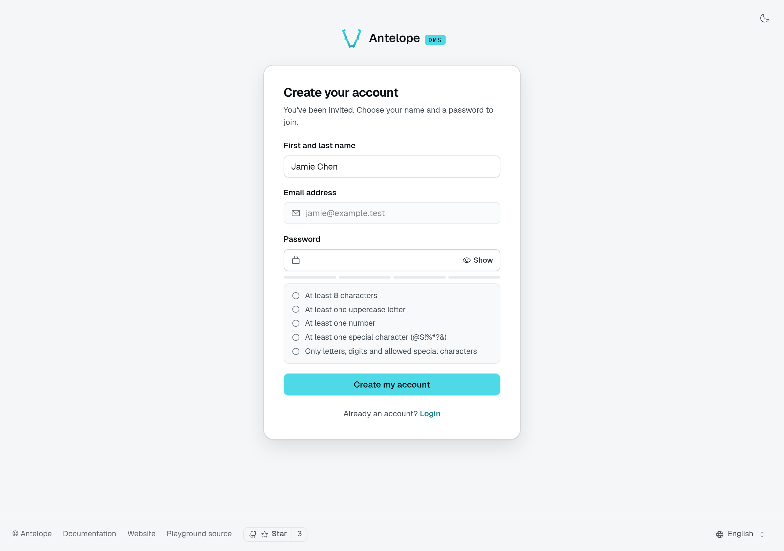 The invitation signup form with Jamie Chen, the invited email address, and an empty password field