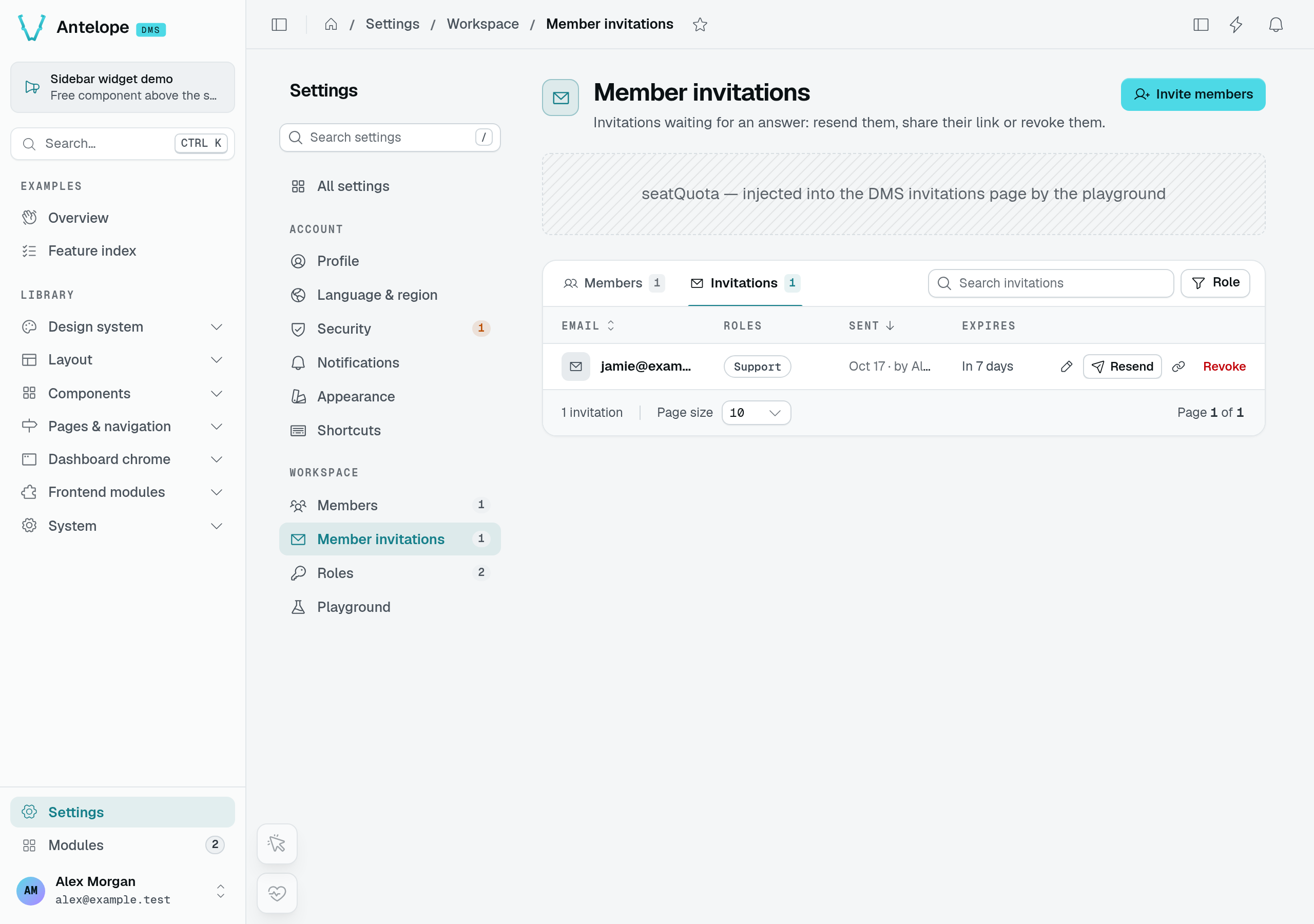 A pending invitation assigned to the Support role in Member invitations