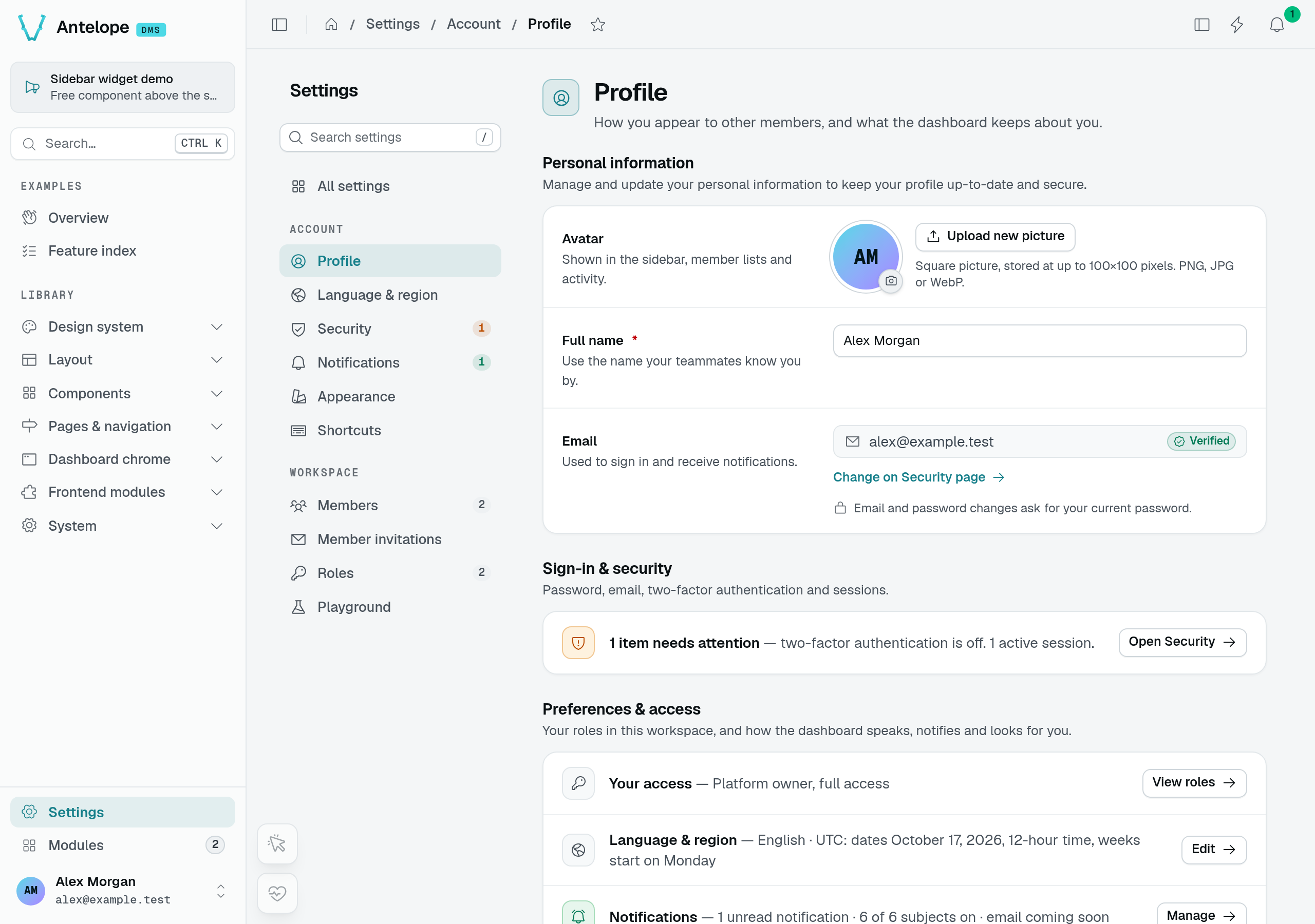 Alex's administrator profile with the full playground sidebar and workspace Members, Member invitations, and Roles settings