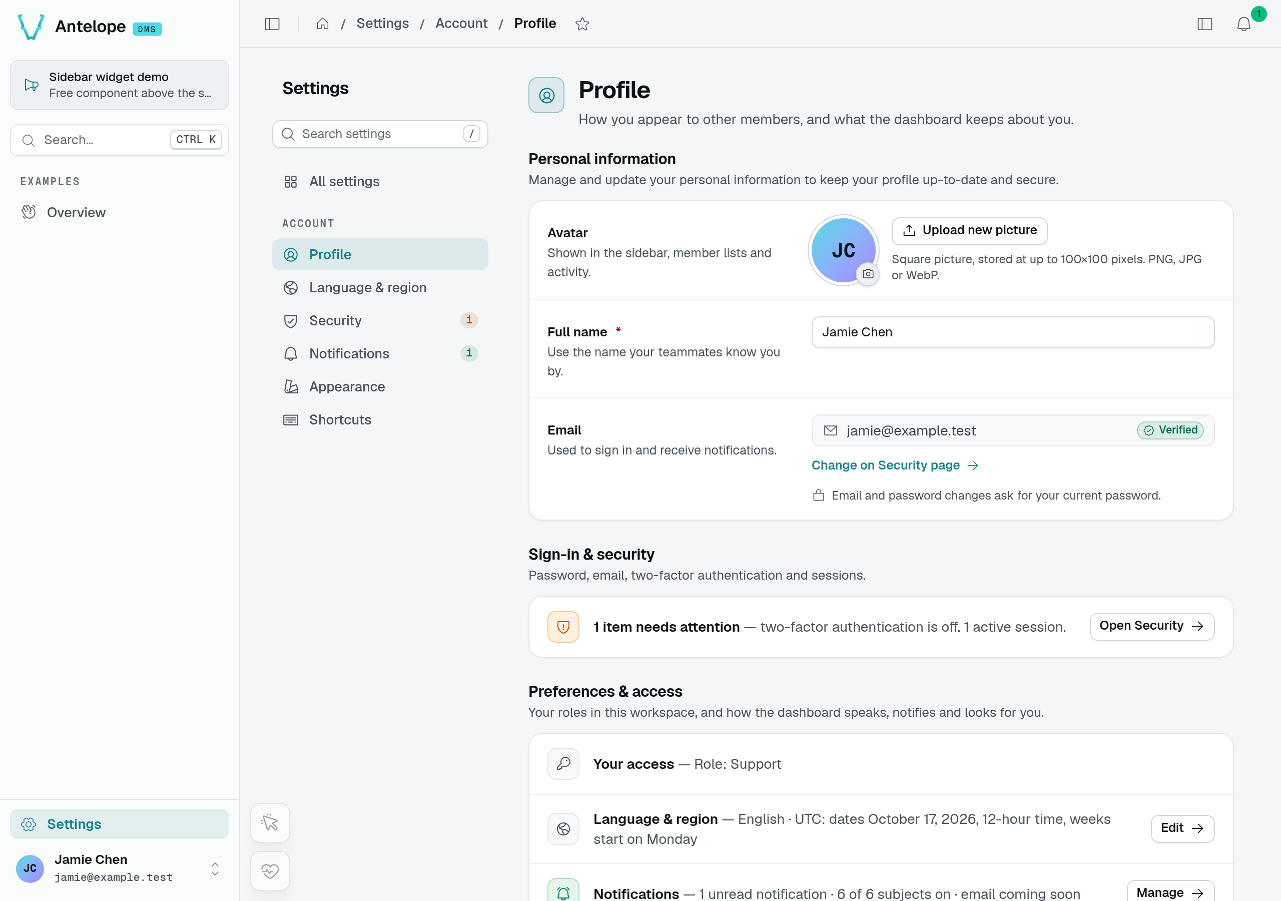 Jamie's profile with the Support role, Overview and Settings navigation, and no workspace administration links