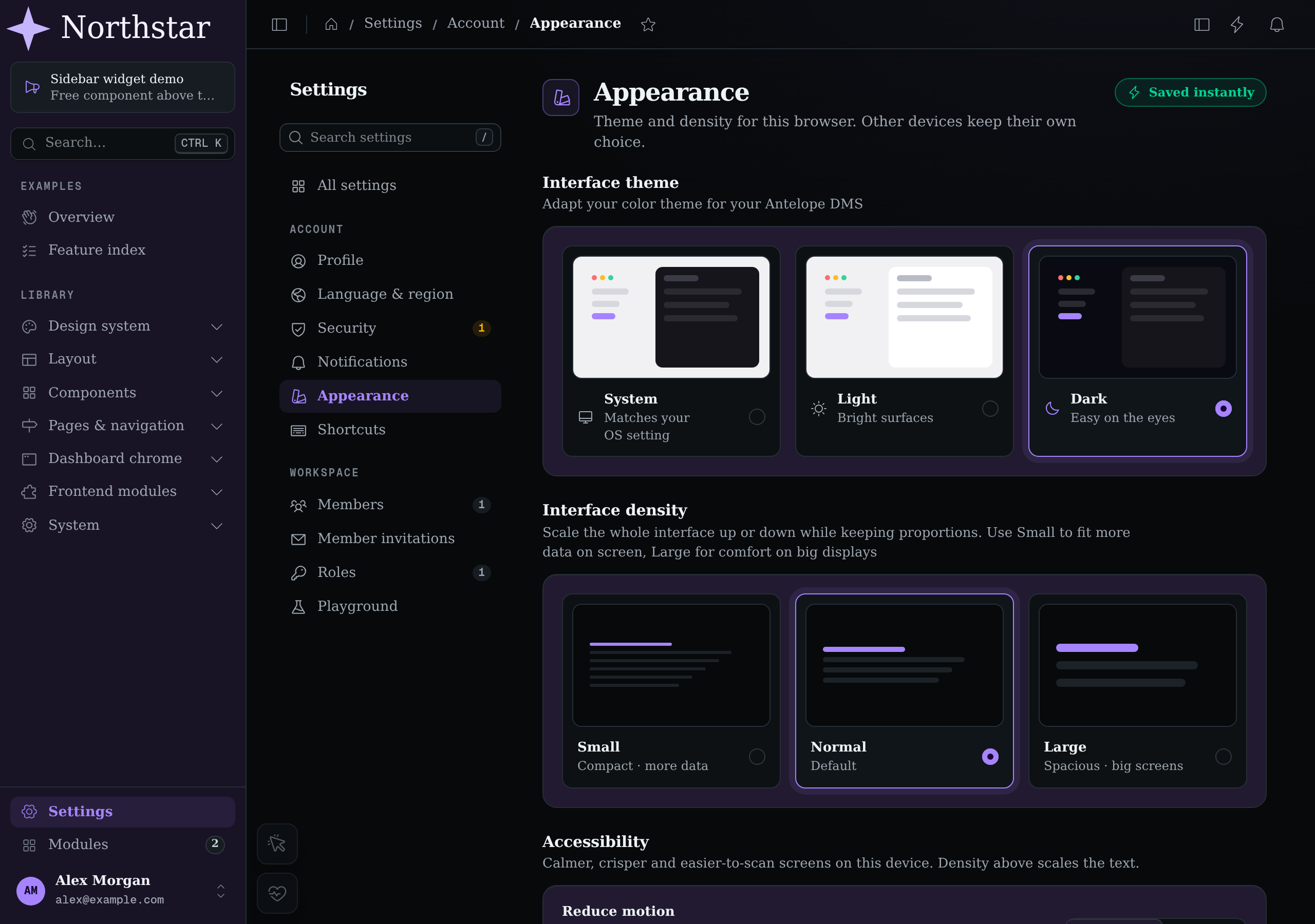 The same Northstar layer in dark mode, with its light-colored logo and dark sidebar surface