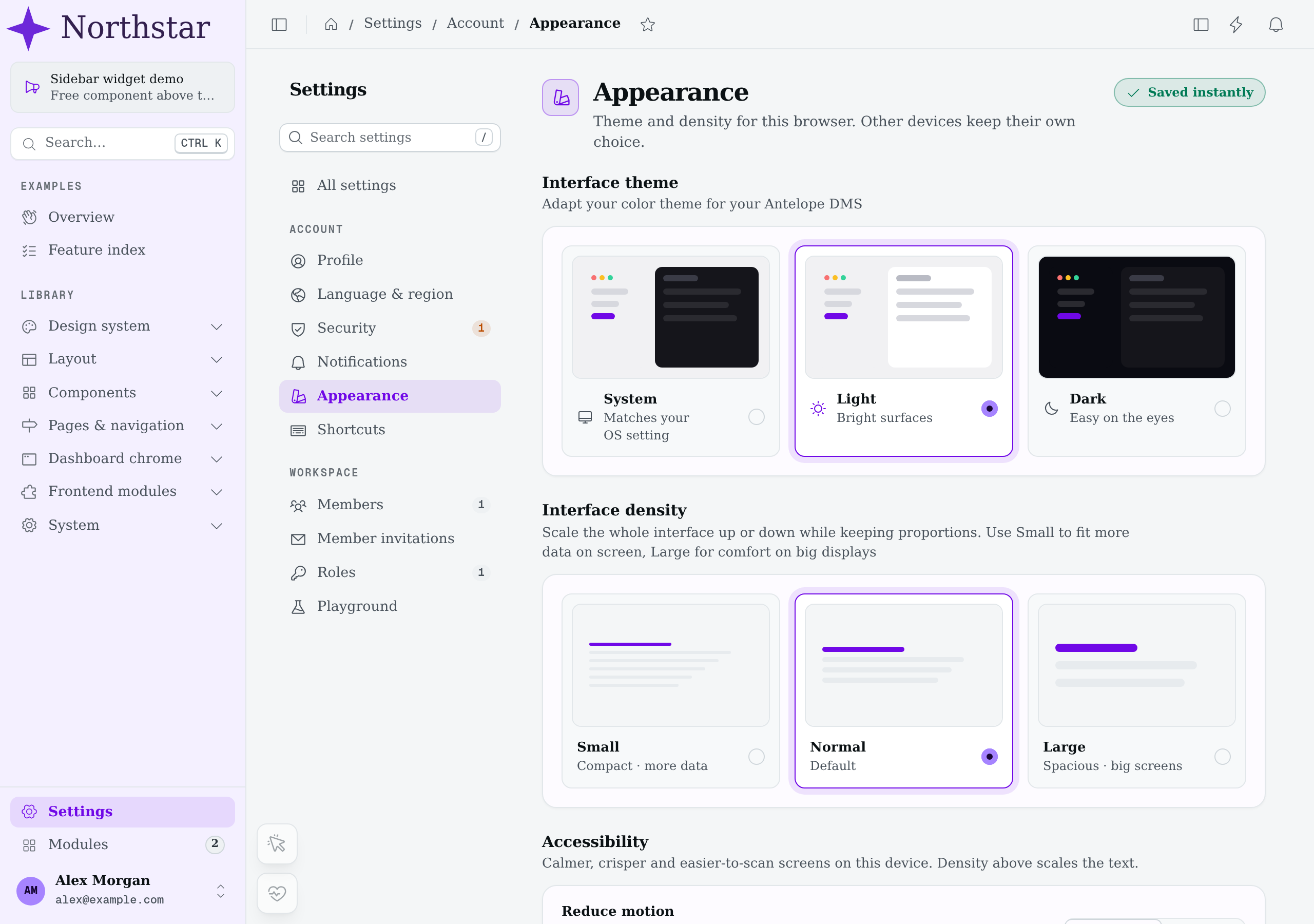 The Northstar demonstration layer in light mode, with a custom logo, violet controls and serif typography