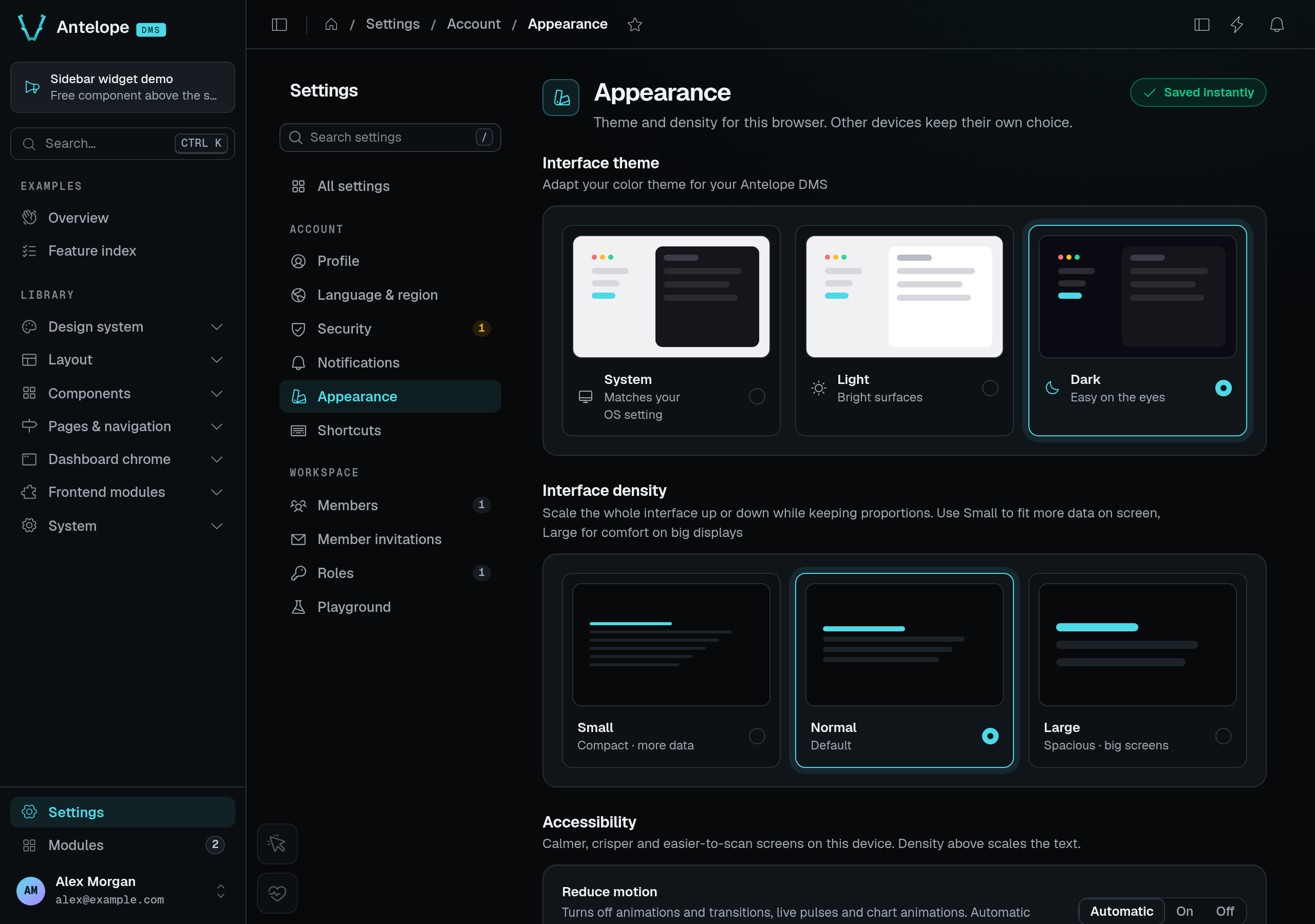Default DMS branding in dark mode on the same Appearance page