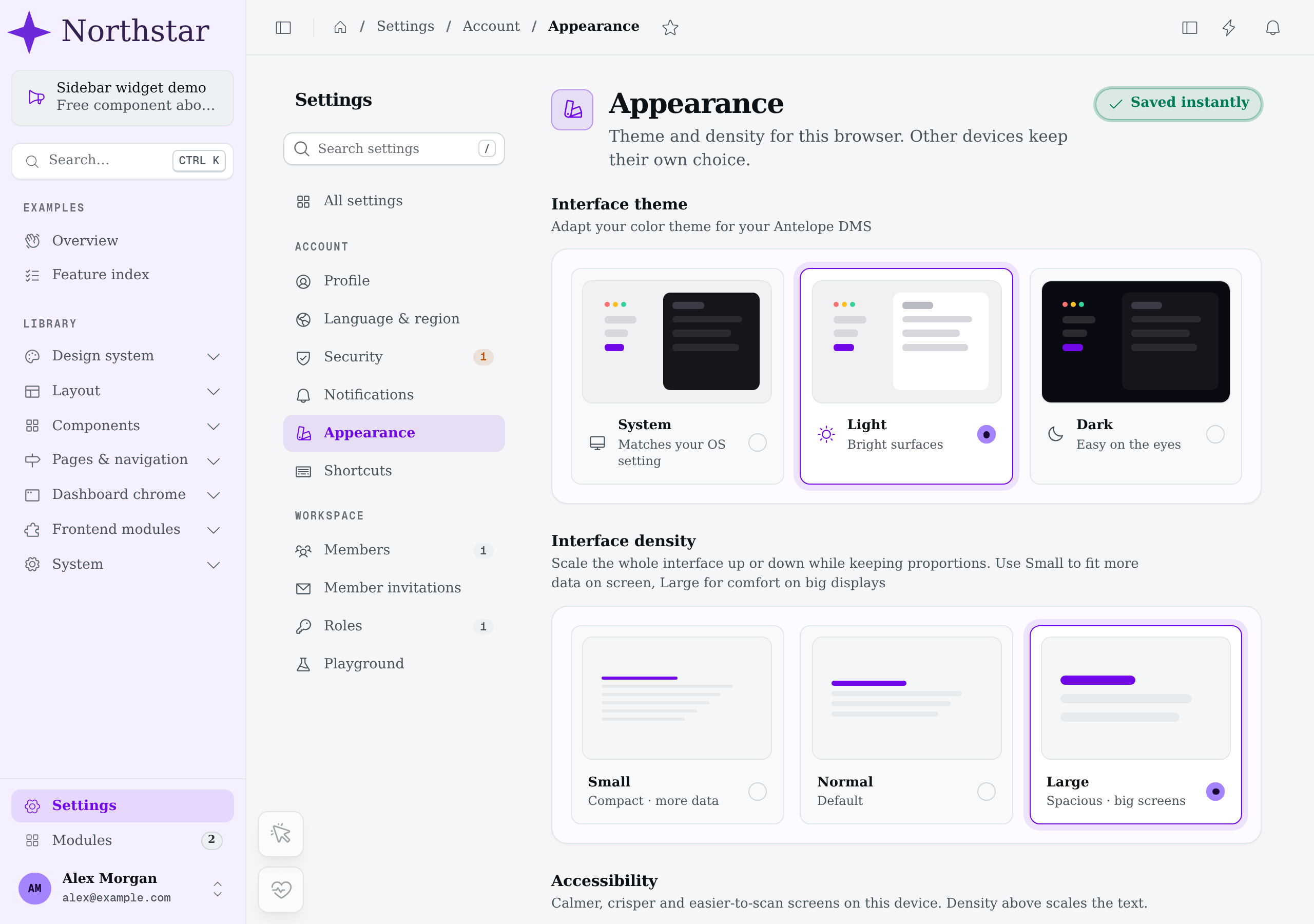 The same page at Large density, with larger text and controls