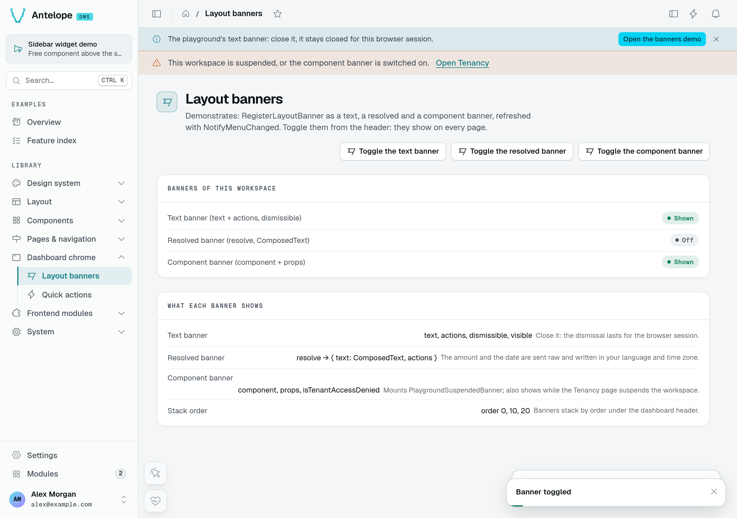 Text and component banners stacked above the Layout banners page
