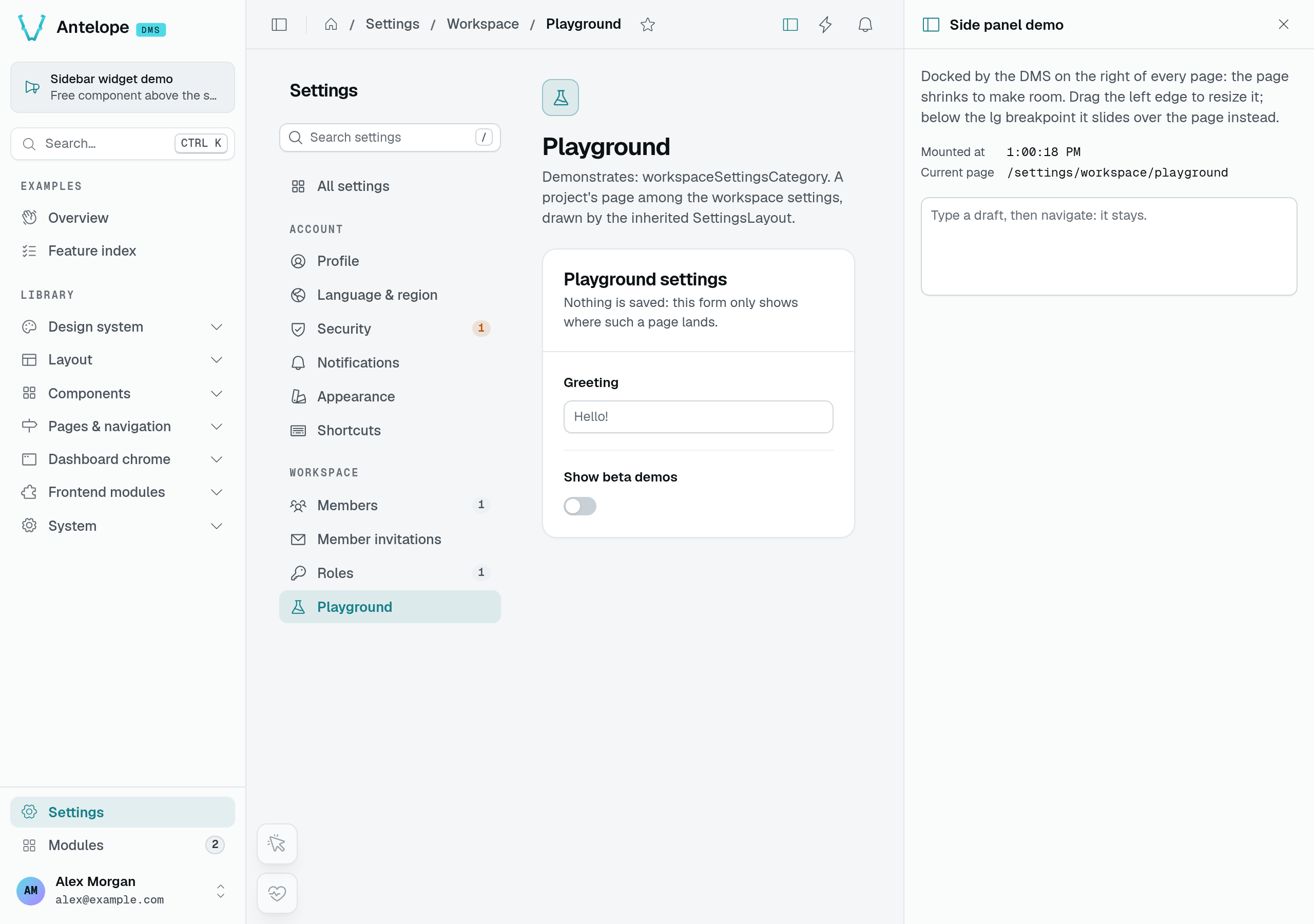 The playground's custom side panel open beside a settings page, with its header toggle active