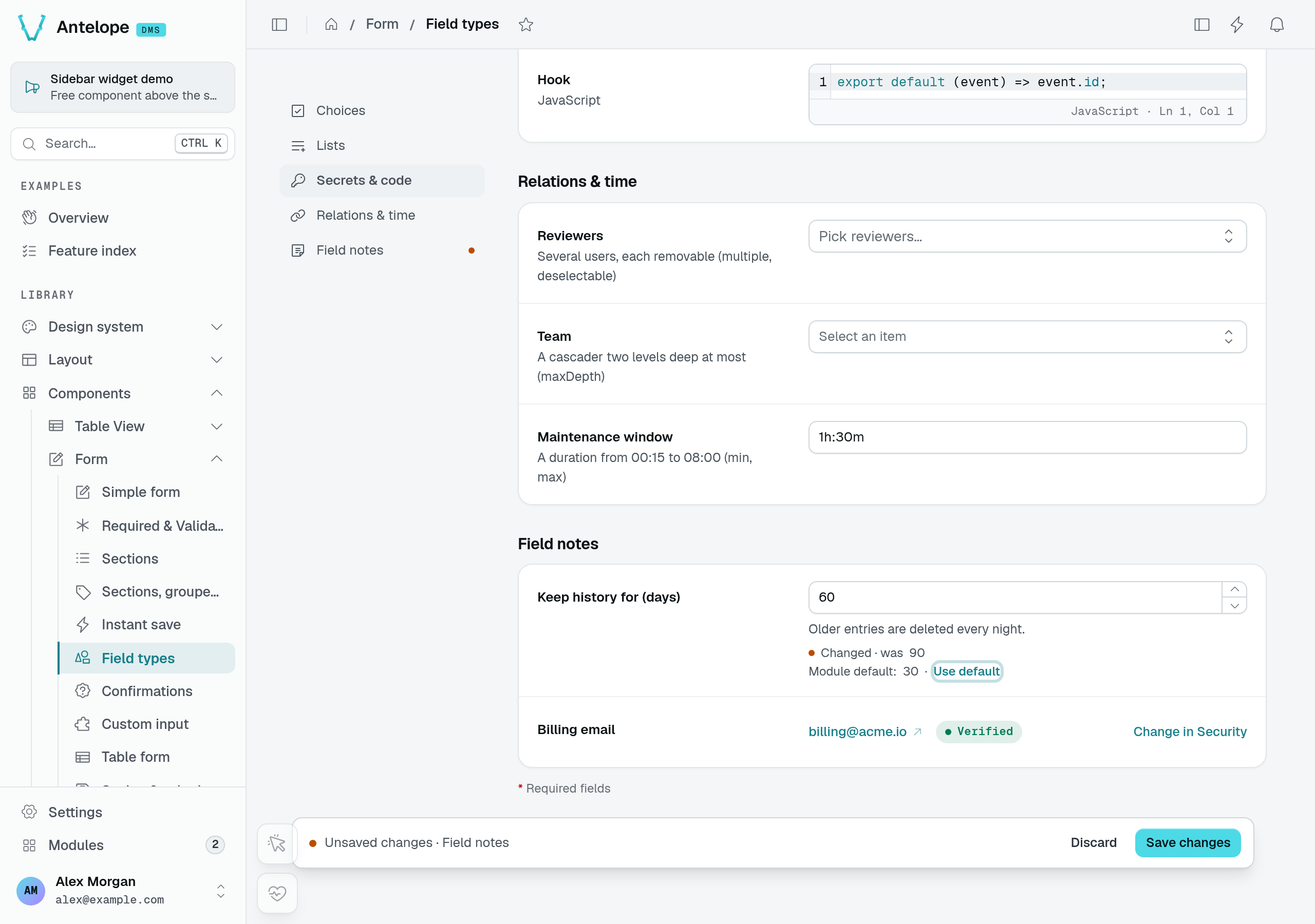 Retention changed from 90 to 60, module default 30, and a verified read-only billing email