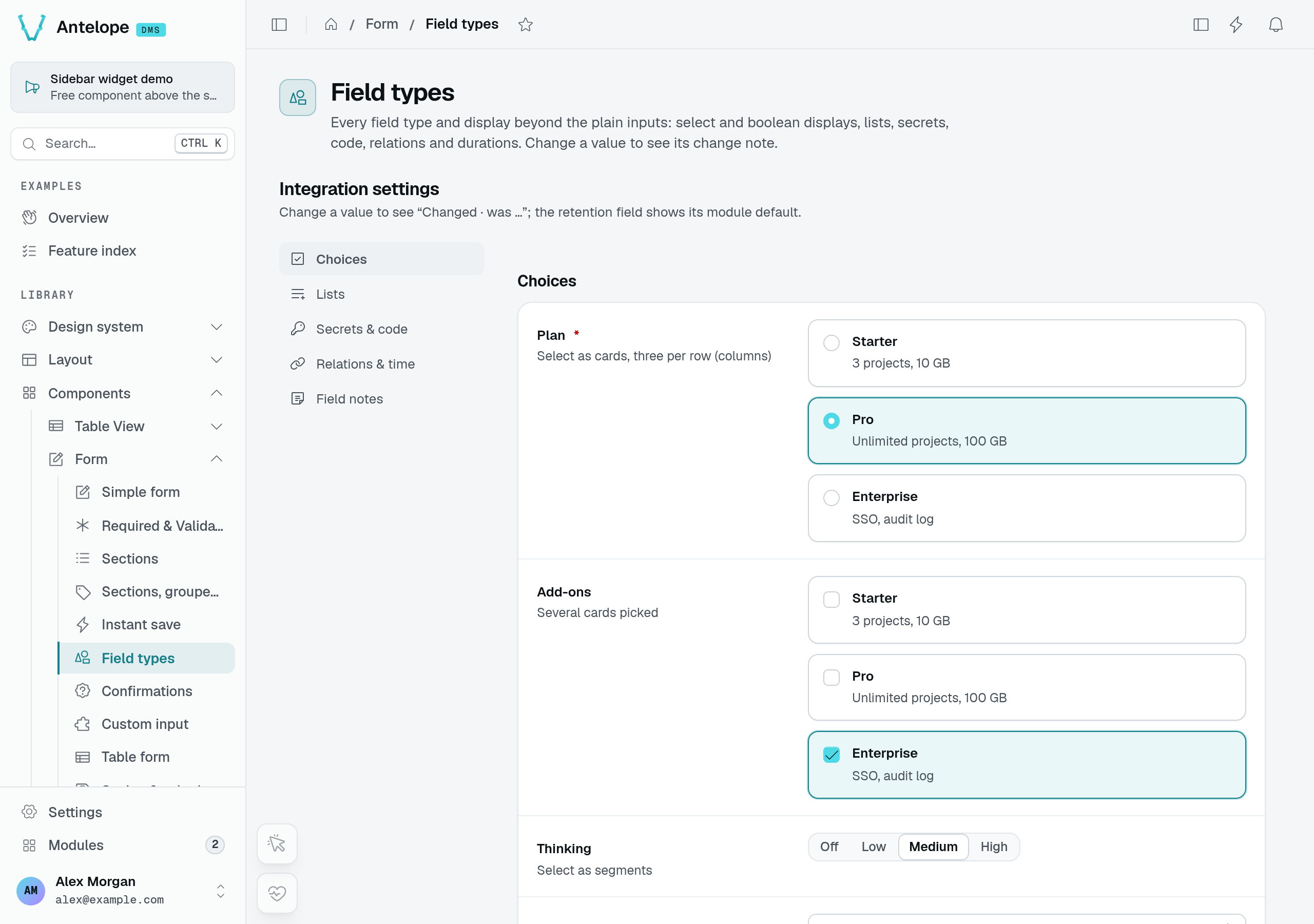 Plan and add-on choice cards with a segmented Thinking control