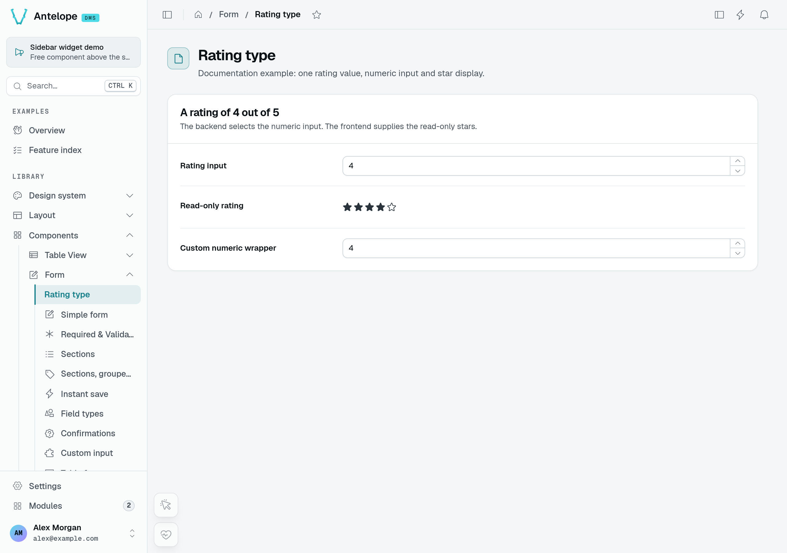 RatingType with a numeric value of 4 and four filled stars out of five in its read-only display