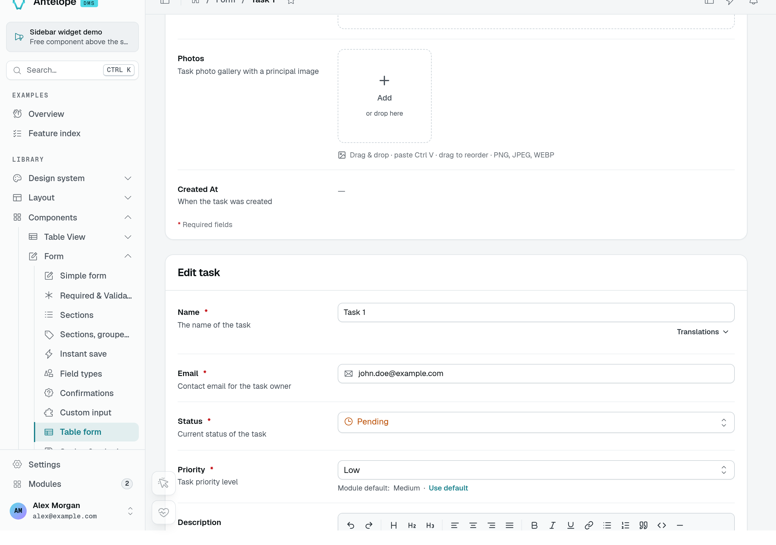 Edit task form loaded with Task 1, its email and Low priority