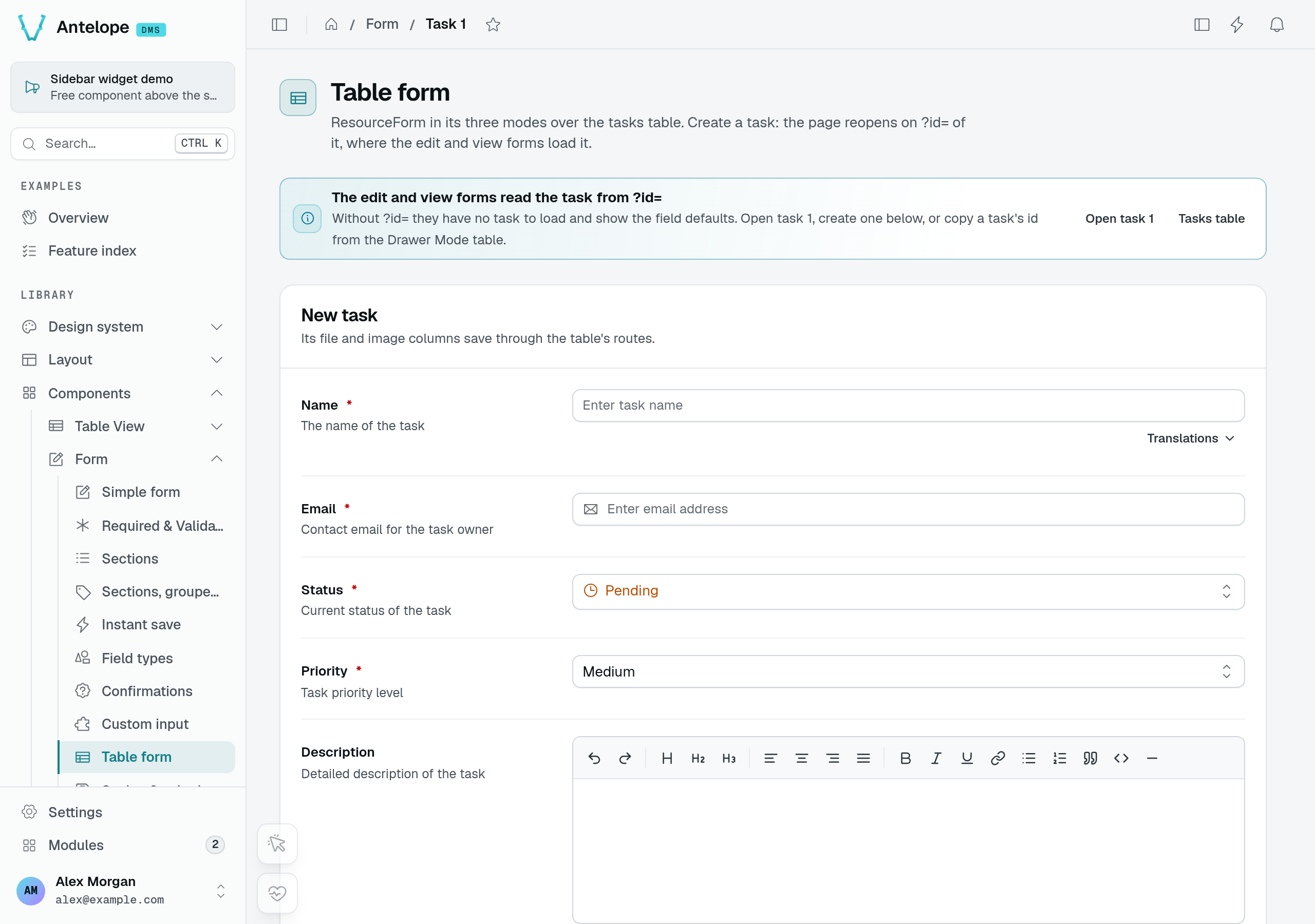 New task form with empty Name and Email and default status and priority