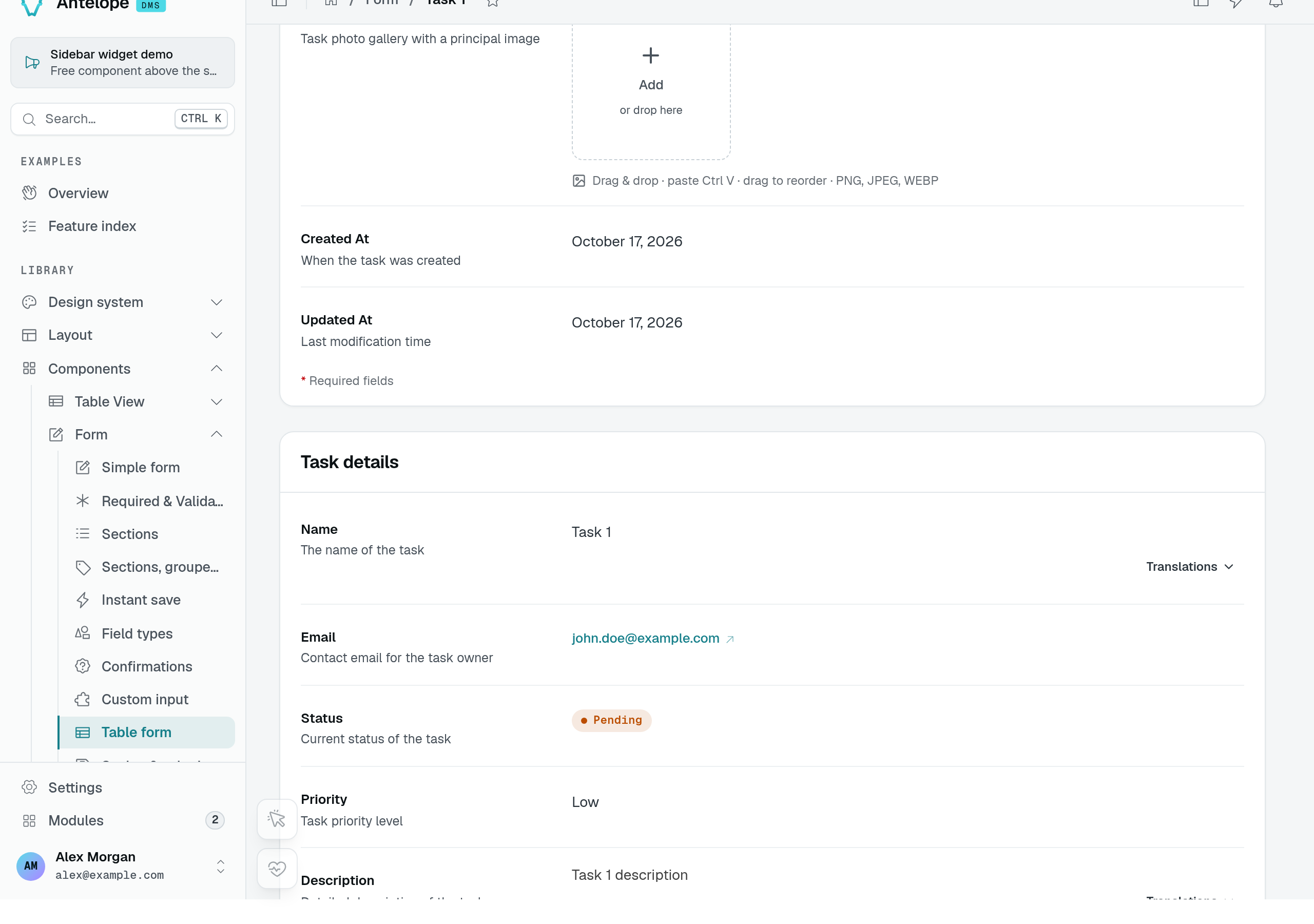 Read-only Task details showing Task 1 and its stored values