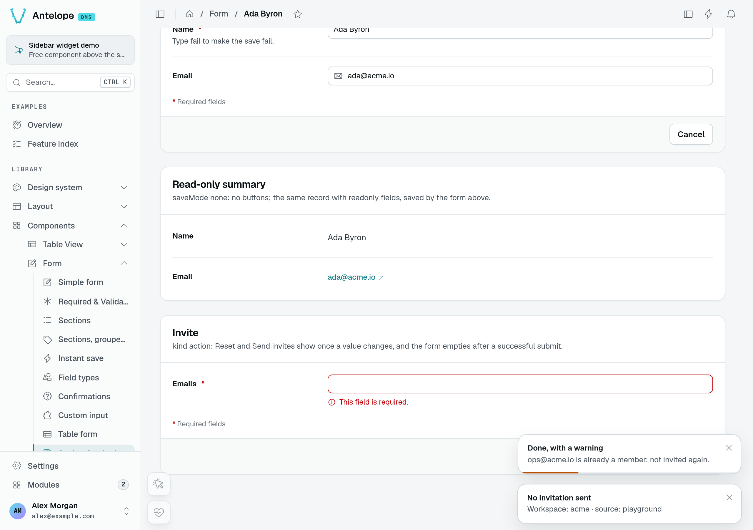 Invitation warning stating that ops@acme.io is already a member