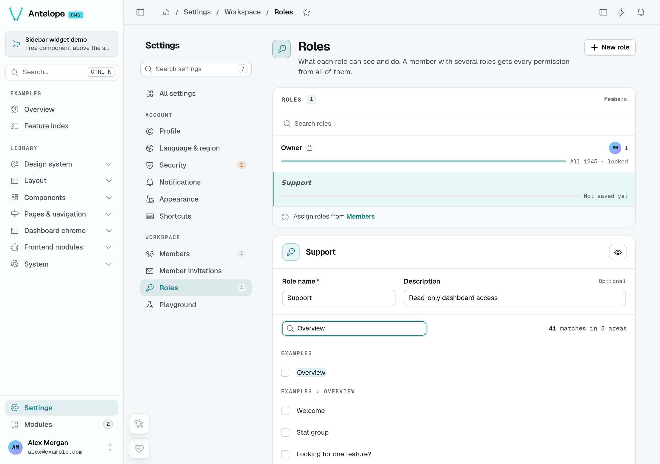 A new Support role in the playground, with the permission tree filtered to Overview and its components