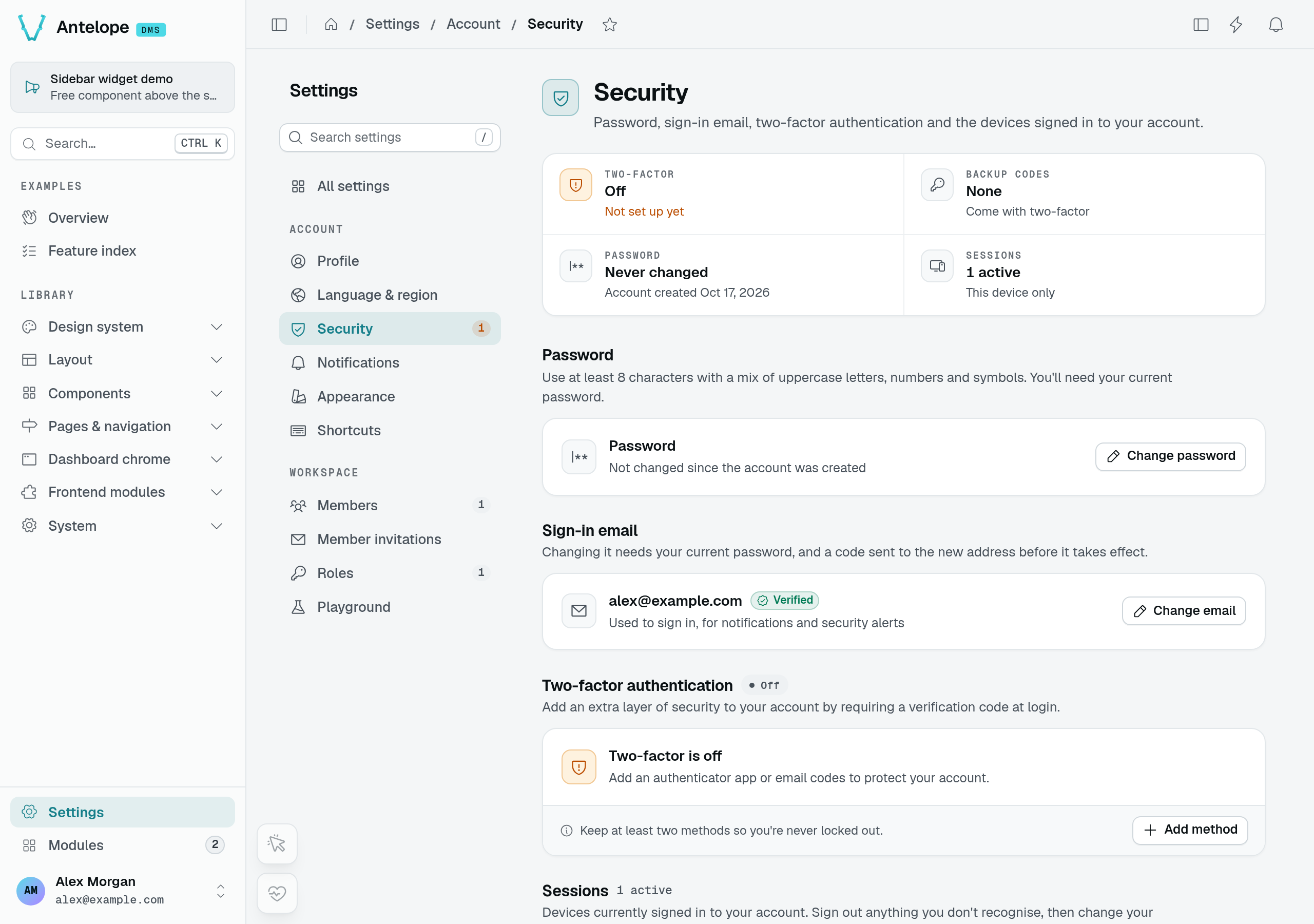 The Security page with password, sign-in email, and two-factor authentication controls