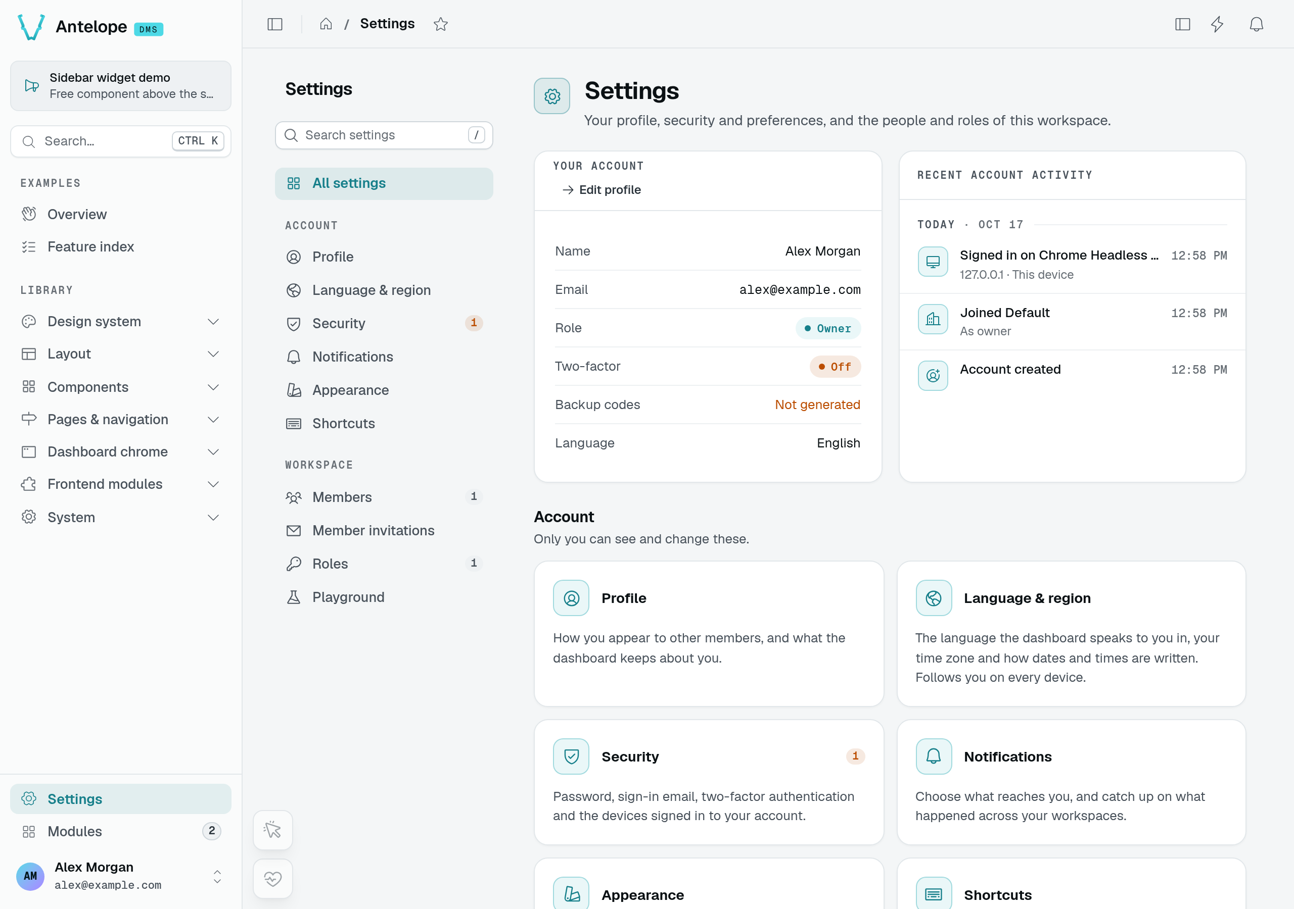 Settings overview with the account summary, recent activity, and settings navigation