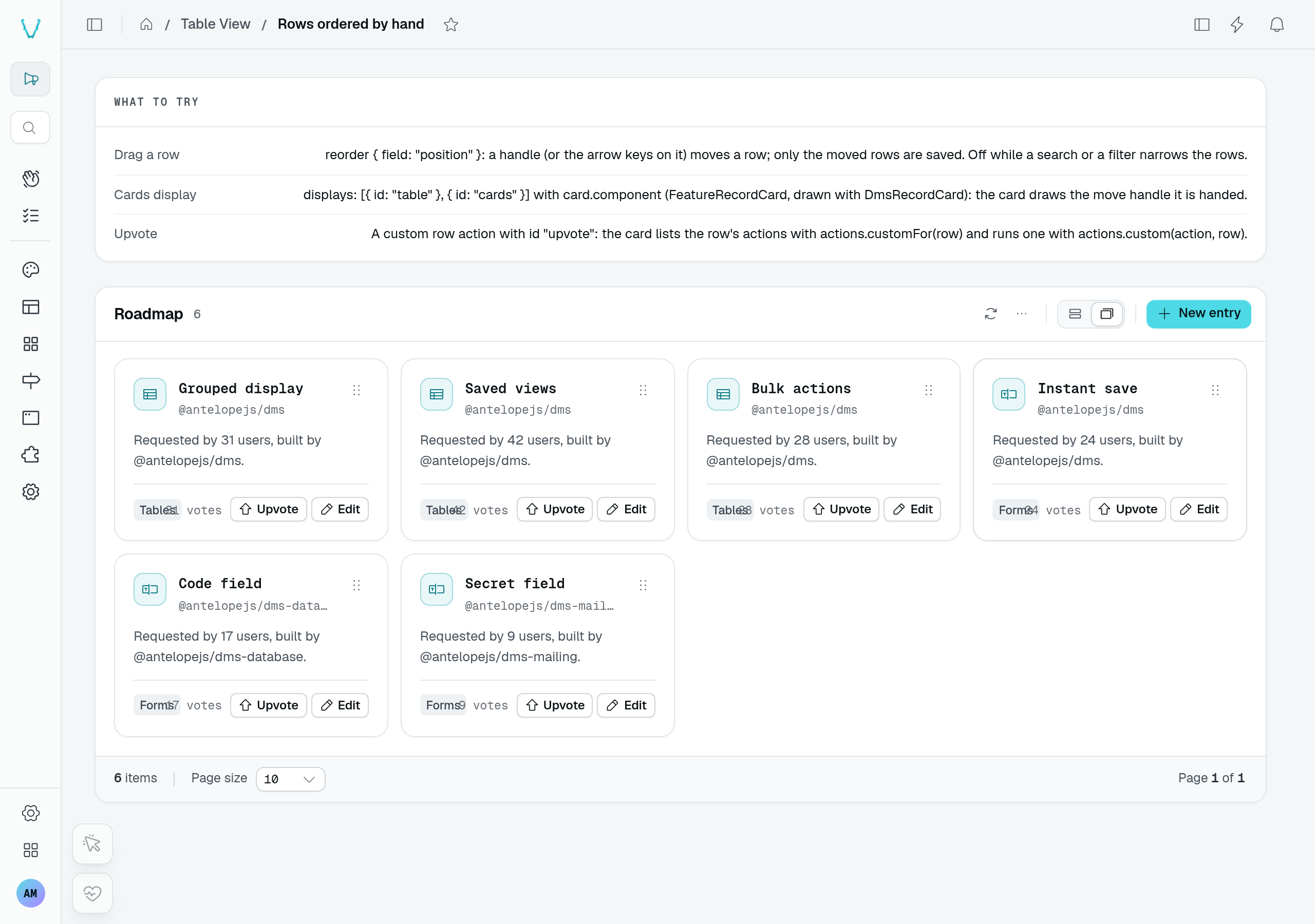 Roadmap in the built-in cards display with custom card content and move handles