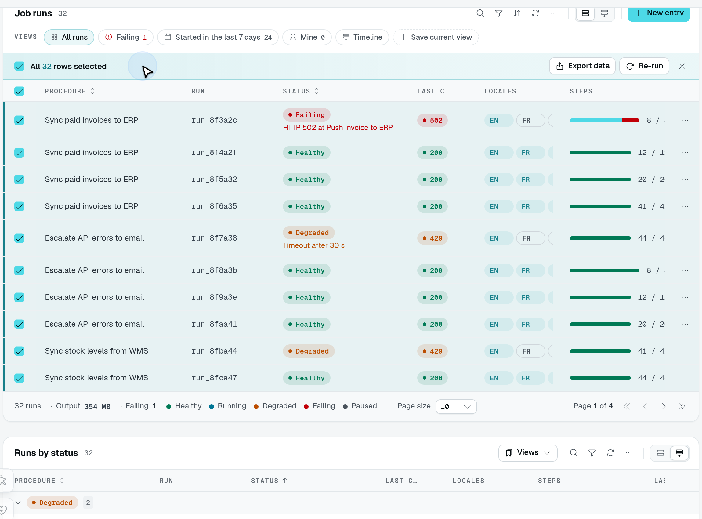 All 32 matching job runs selected, although the current page shows only ten