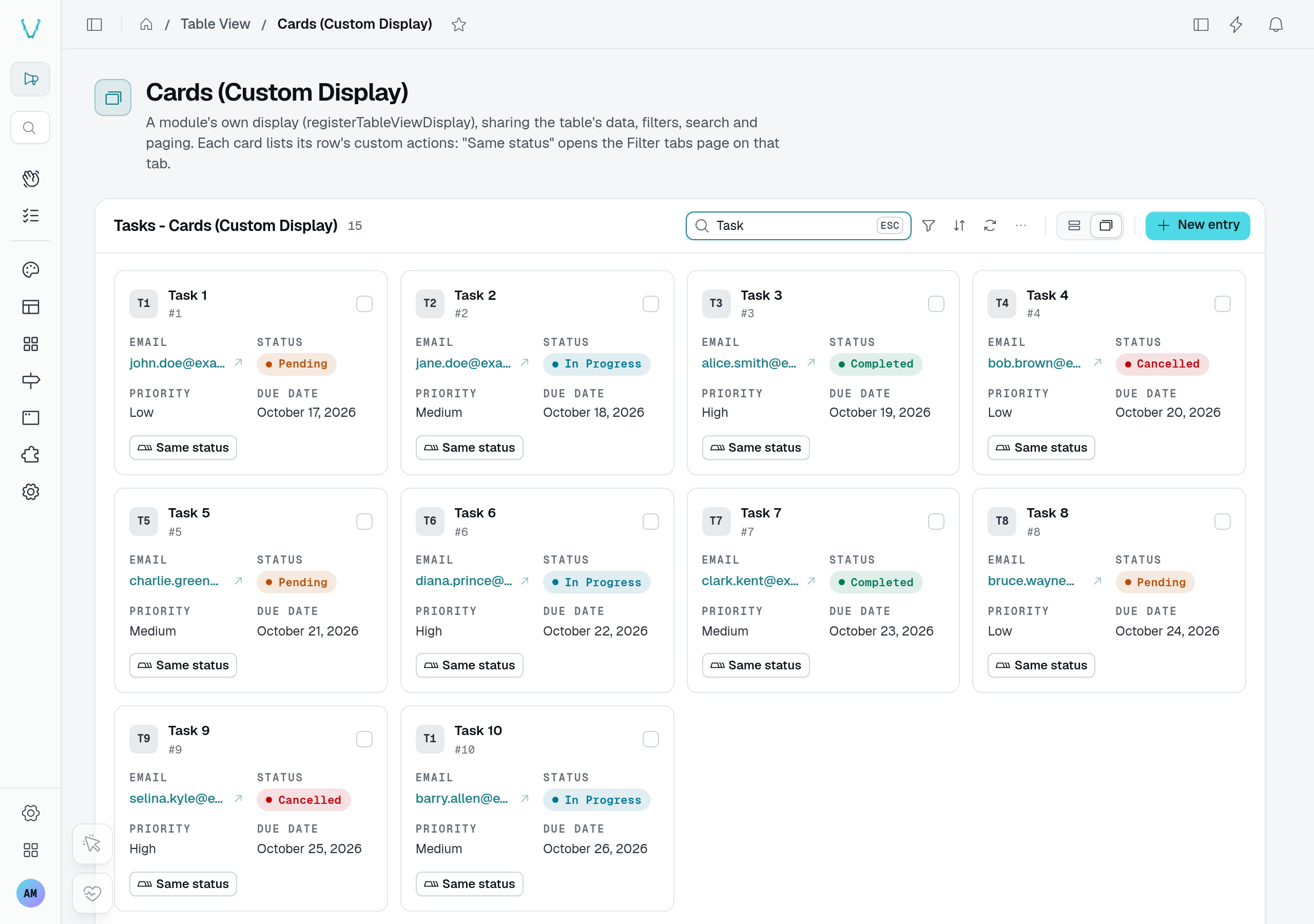 Task search shown in a module's custom cards display