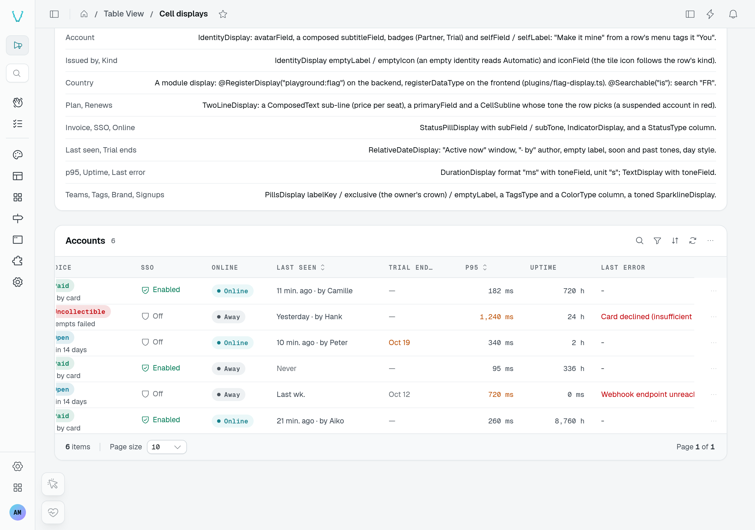 The same accounts table scrolled to its status, date and numeric displays