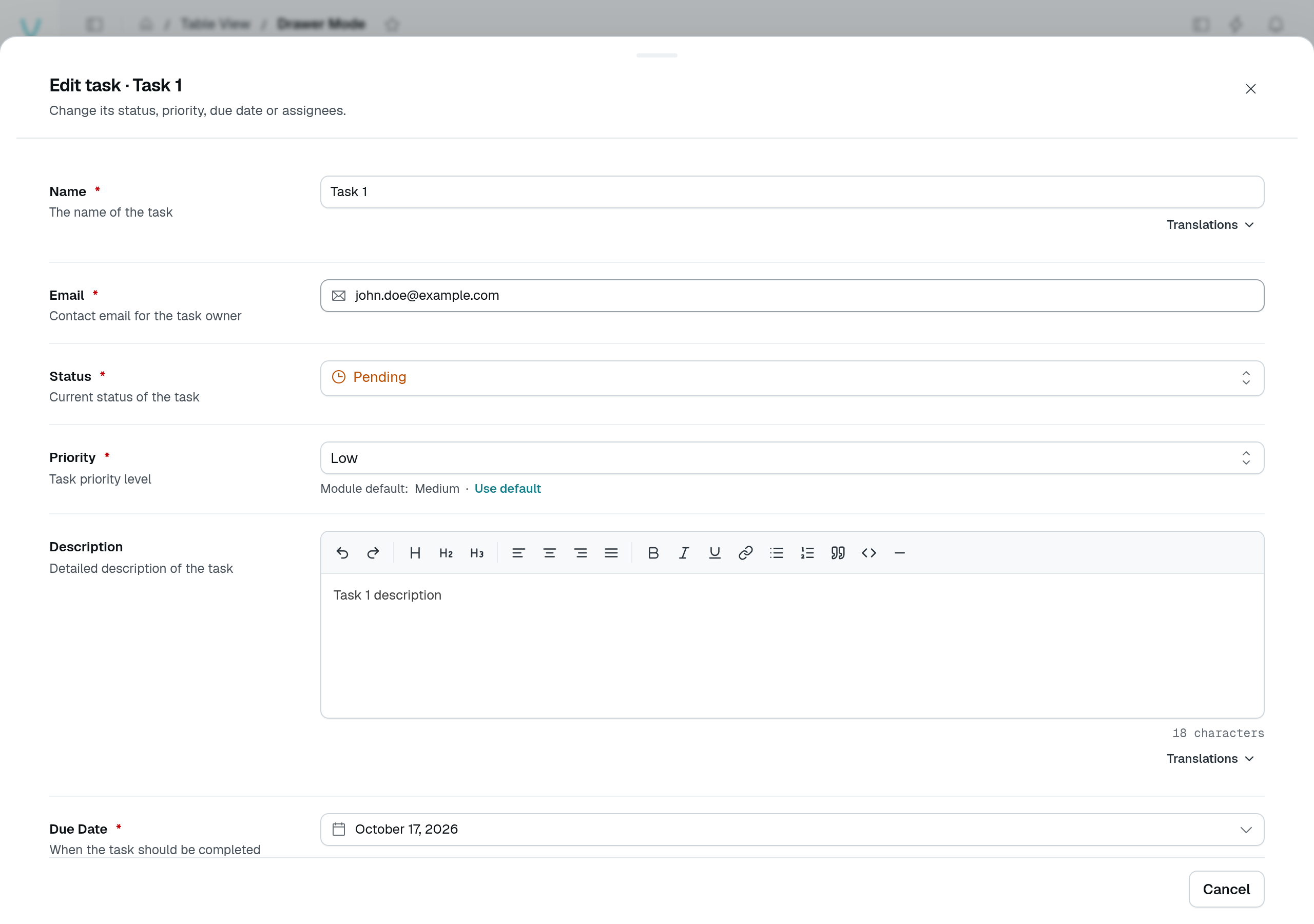 Built-in task editing drawer loaded with Task 1