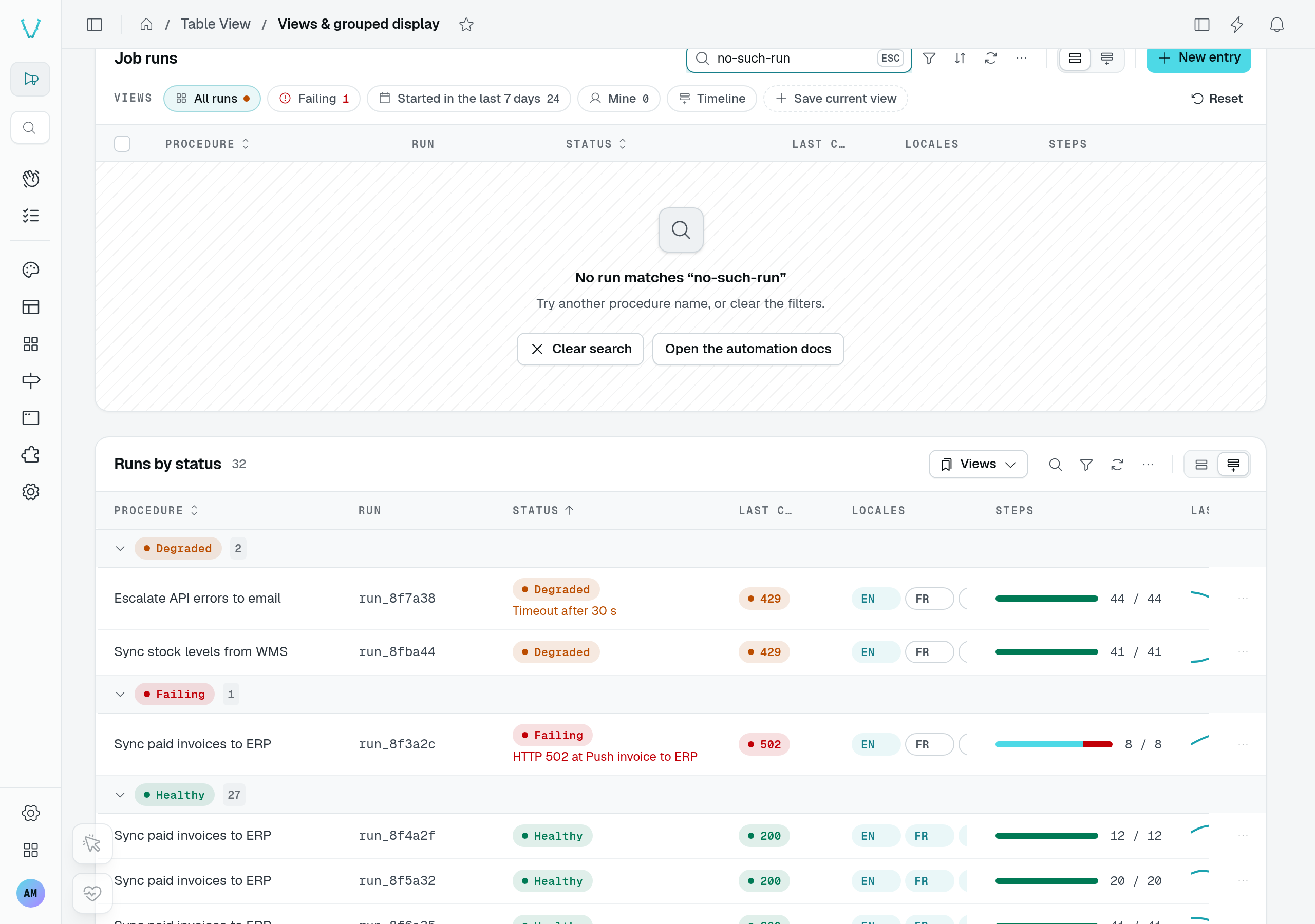 Job runs search with no matching rows and a reset action