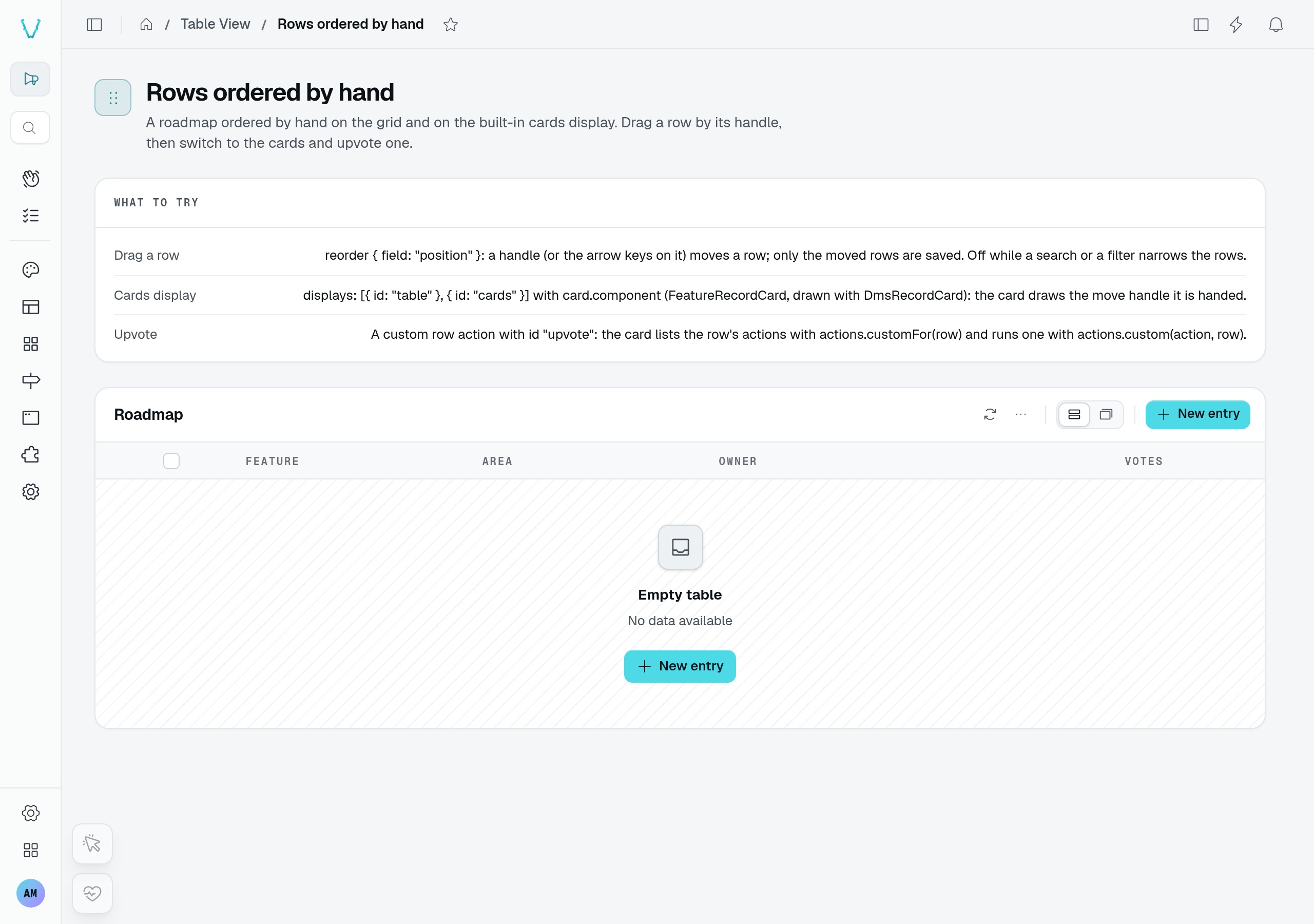 Empty roadmap with no records and a New entry action