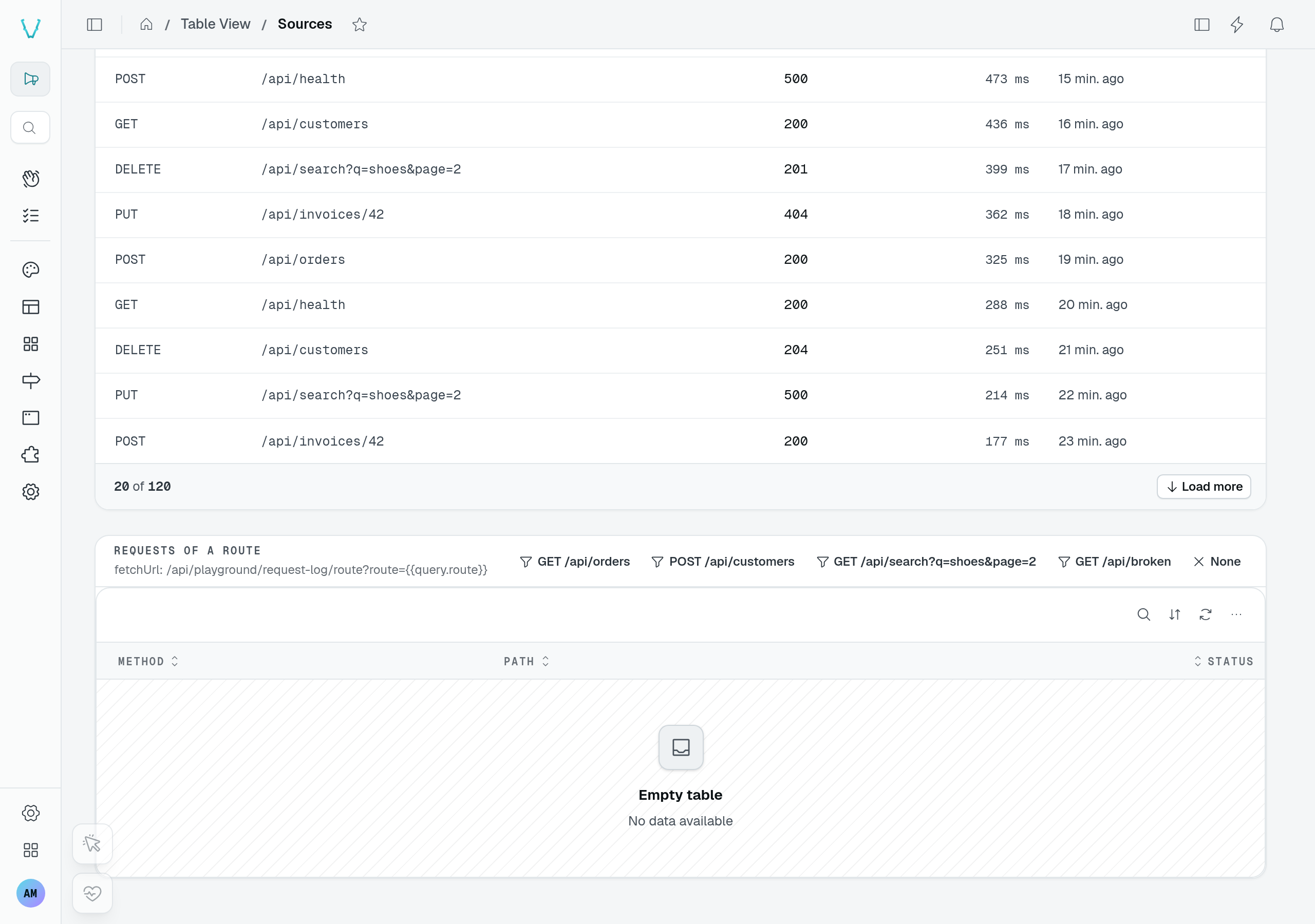 Request log after Load more has appended a second batch, showing 20 of 120