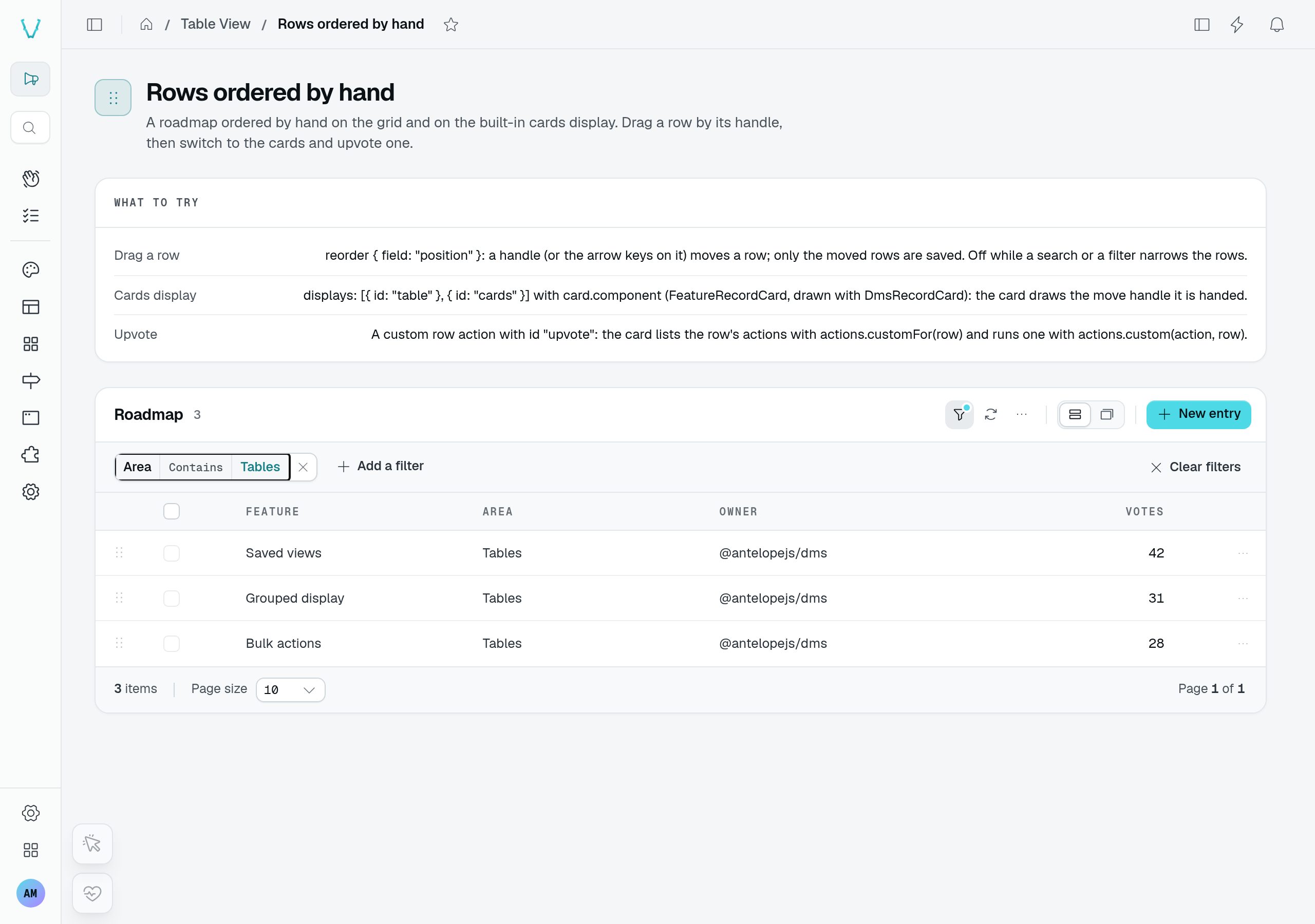 Roadmap filtered to the Tables area, with all three move handles disabled