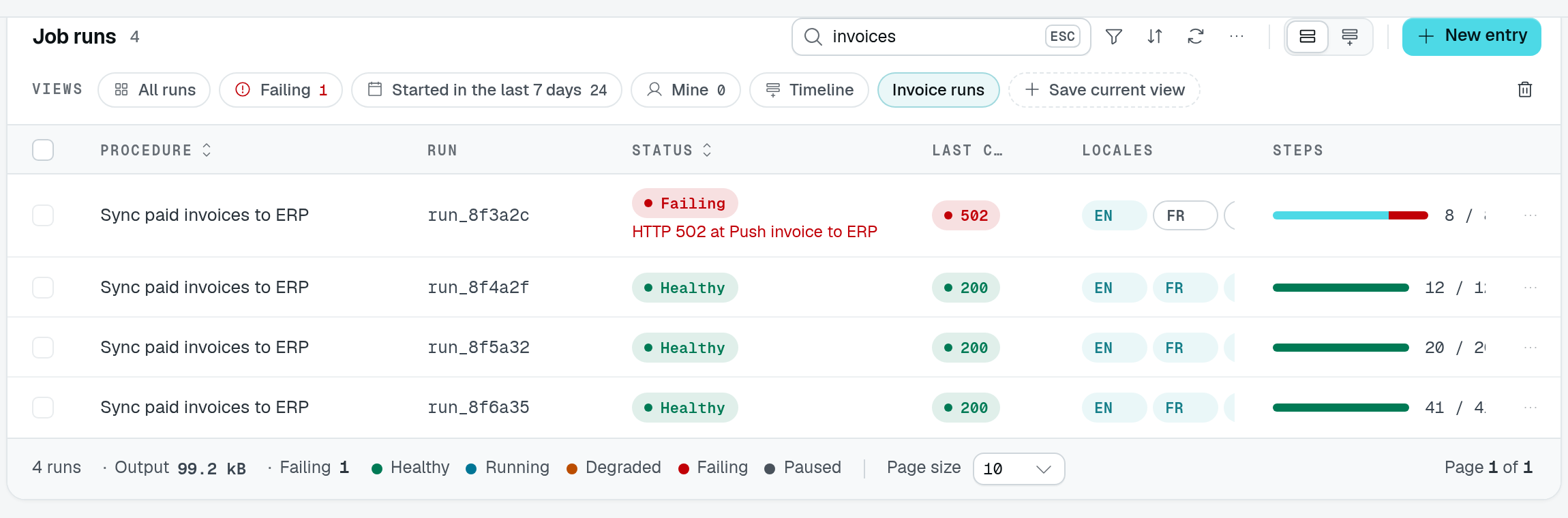 Invoice runs saved view with the invoices search and four matching records