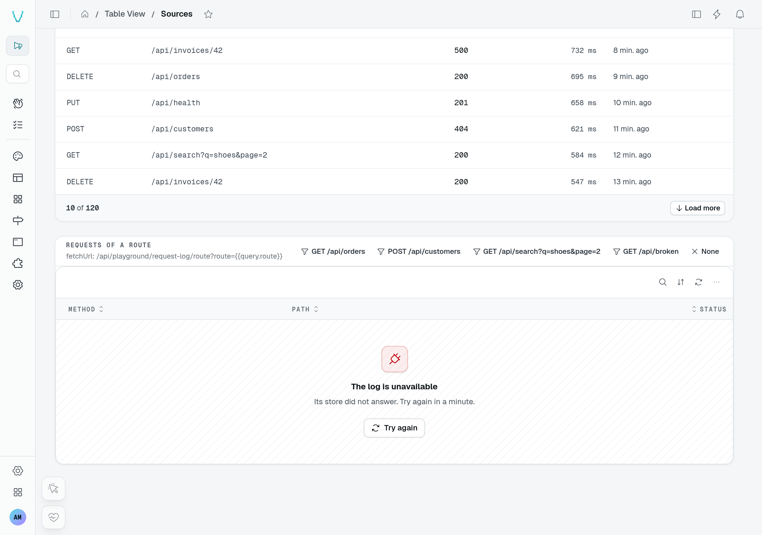 Unavailable request log with a Try again action
