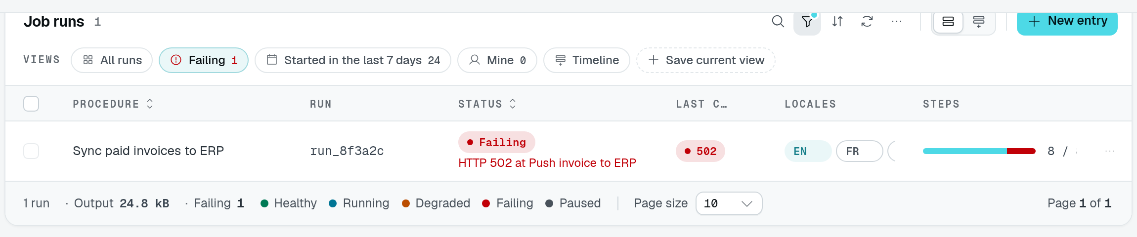 Failing view with one matching job run and its filtered footer