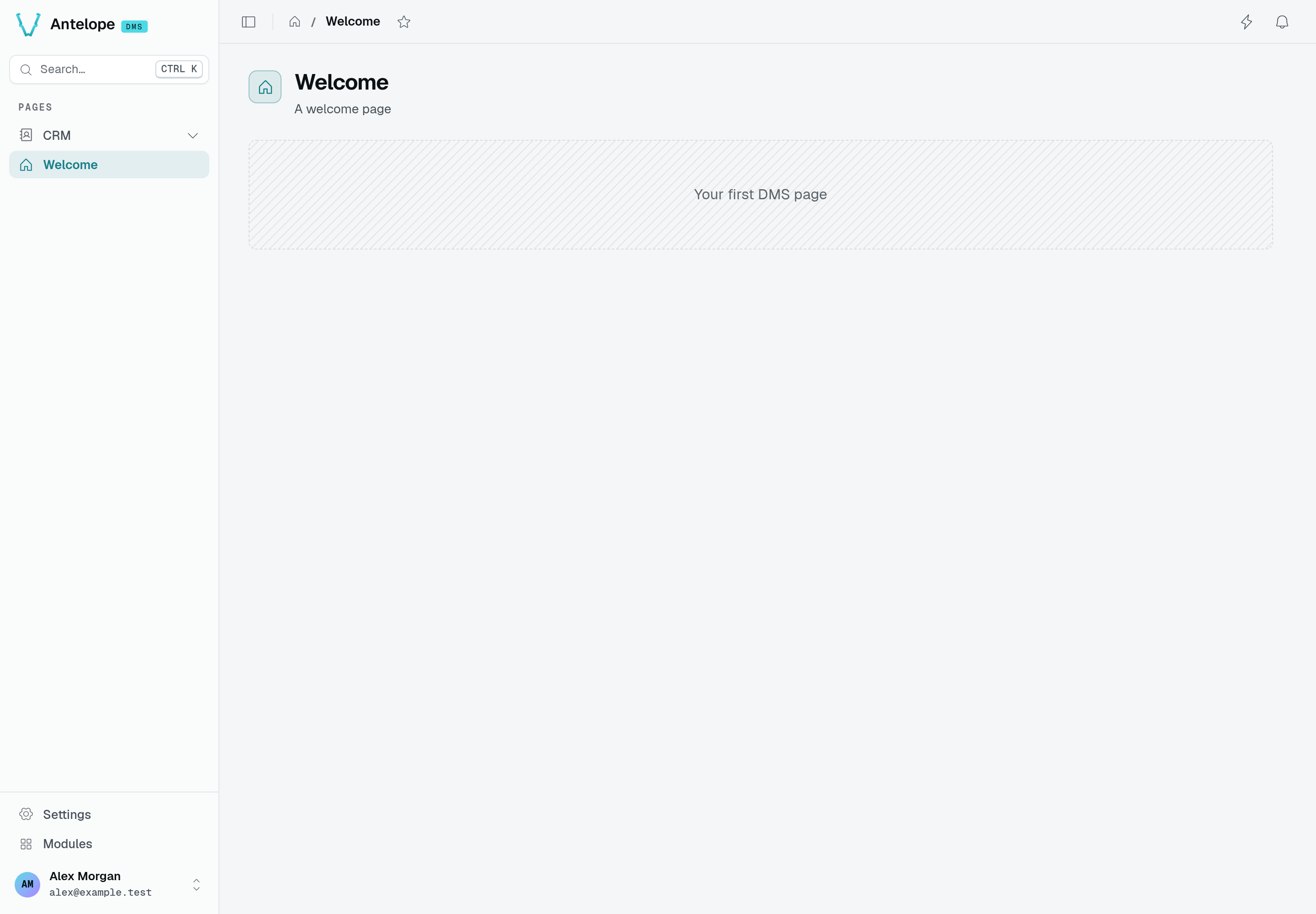 Welcome page with the Your first DMS page placeholder on desktop