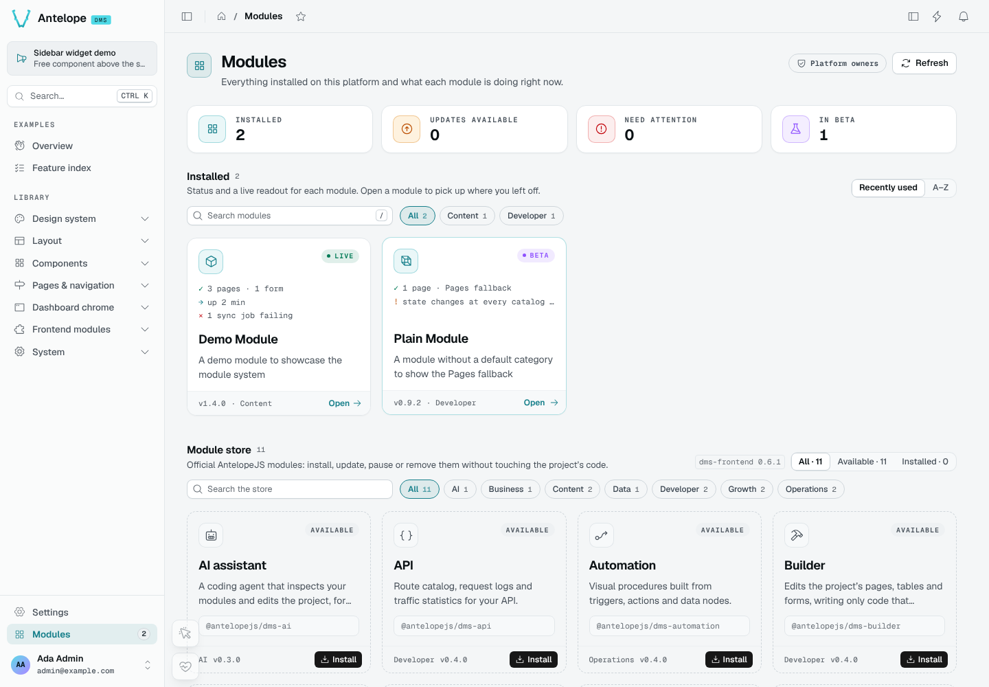 The Modules page: installed modules with their live readout above the module store and its install buttons