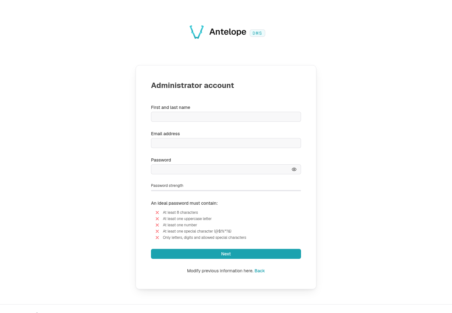 First-run administrator setup with empty name, email, and password fields
